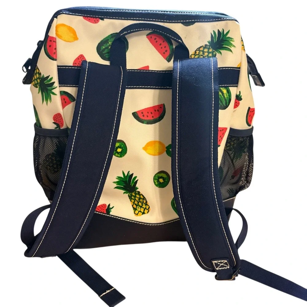 Lands End Large Canvas Coated Fruit Print Backpack Navy Trim Insulated CoolerBag